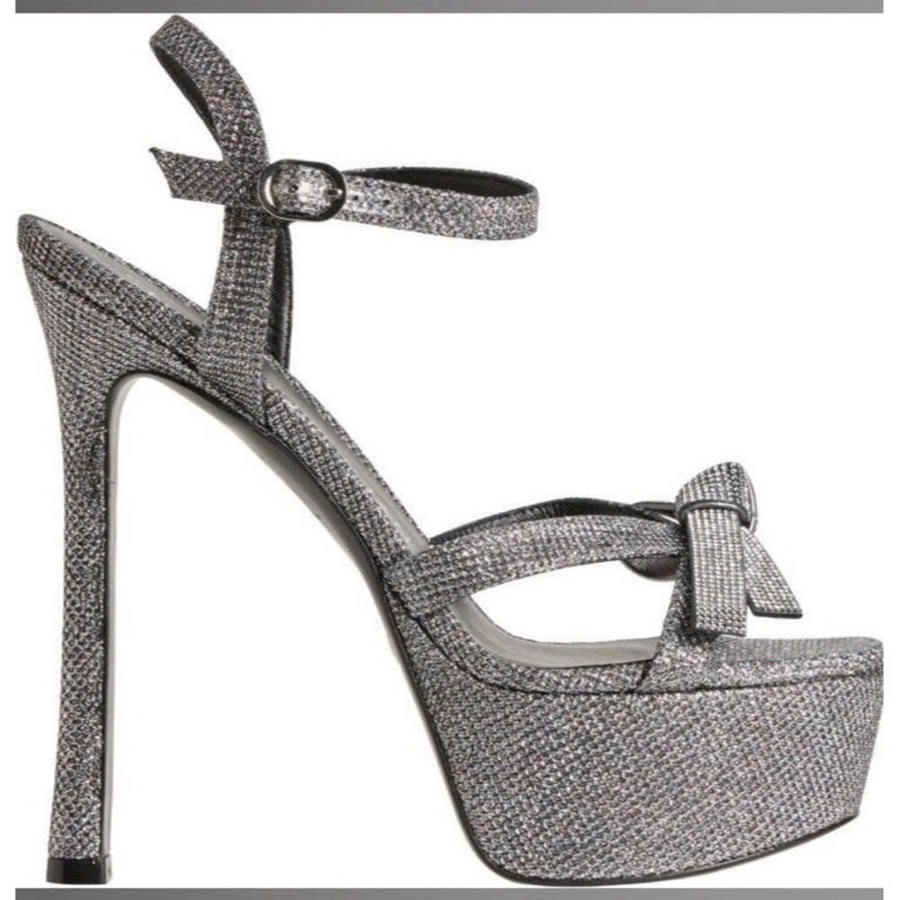 Stuart Weitzman Silver Glitter Platform Sandal Heels - Picture 4 of 9